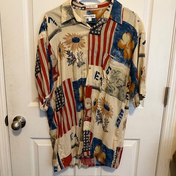 Pierre Cardin Short Sleeve Button Down 100% Rayon - Americana / USA Print SZ L - Picture 1 of 7